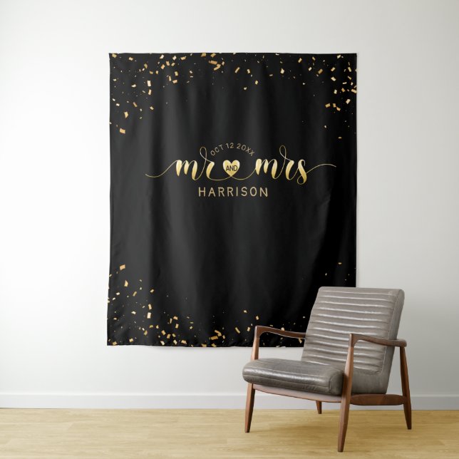 Tenture Black Gold Mr et Mrs Mariage Photo Booth Tapestry (En situation)