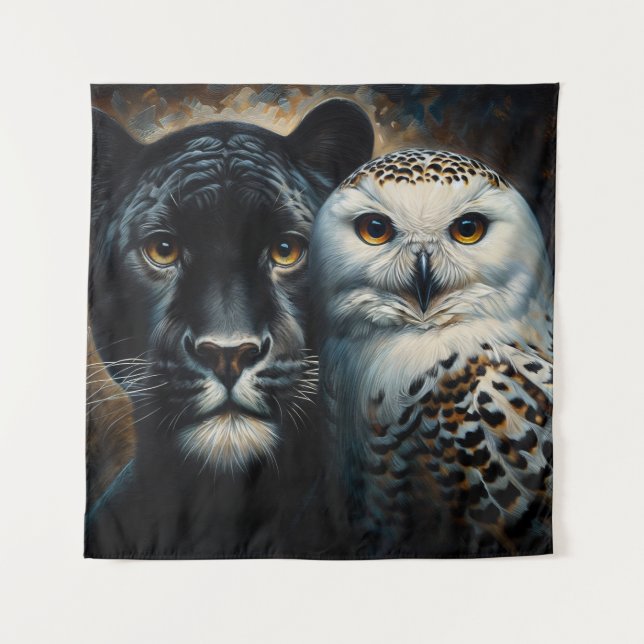 Tenture Black Jaguar and Snowy Owl Painting (Devant)