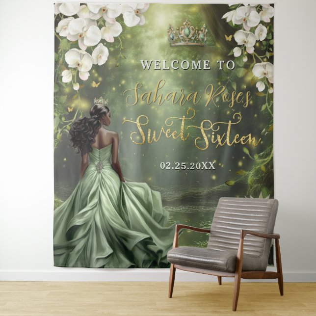 Tenture Black Princess and Frog Sage Green Dress Sweet 16  (En situation)