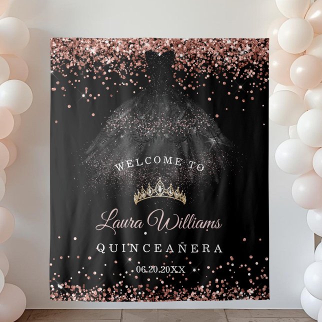 Tenture Black & Rose Gold Quinceañera Birthday Backdrop (Reose Gold glitter quinceañera  birthday party backdrop)