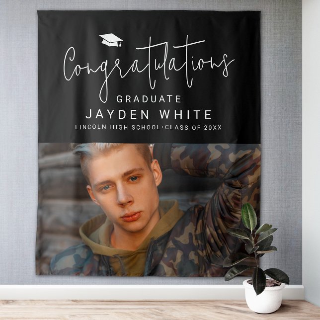 Tenture Black Simple Modern Script Photo Graduation Party (Black Simple Modern Script Photo Graduation Party Tapestry)
