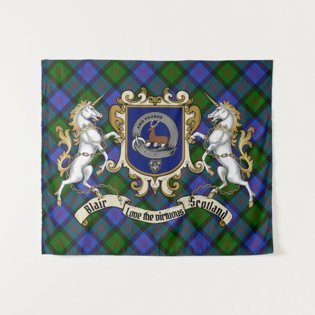 Tenture Blair Clan Badge & Unicorns avec Tartan (Devant (Horizontal))