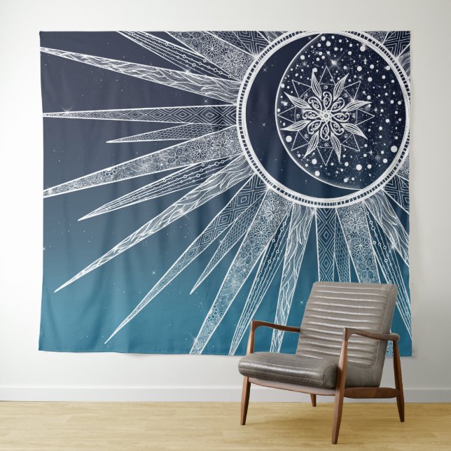 Tenture Blanc Sun Moon Mandala Blue Gradient Design (En situation (horizontale))