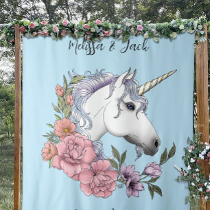 Tenture Blanc Unicorne rose Fleurs Bleu