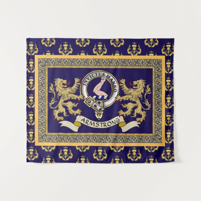 Tenture Blason de Clan Armstrong Personnalisé Bleu (Devant (Horizontal))