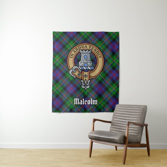 Tenture Blason du clan Malcolm sur tartan (En situation)