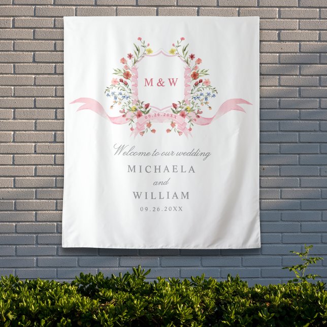 Tenture Blason Régence Botanique Aquarelle Rose Mariage (Créateur téléchargé)