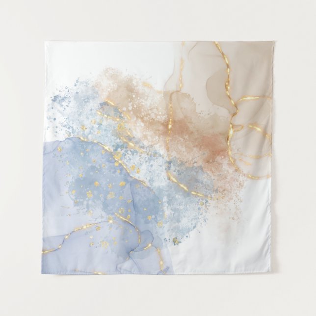 Tenture Bleu Abstrait, Taupe et Or (Devant)