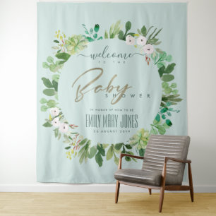 TENTURE BLEU AQUA FEUILLAGE AQUARELLE BIENVENUE BABY SHOWE