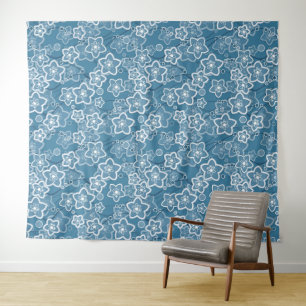 Tenture bleu avec blanc, bleu, fleurs, floral, rustique, f