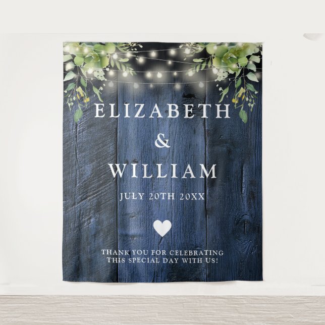 Tenture Bleu Bois Chaîne Lumières Verdure Photo fond (Devant)