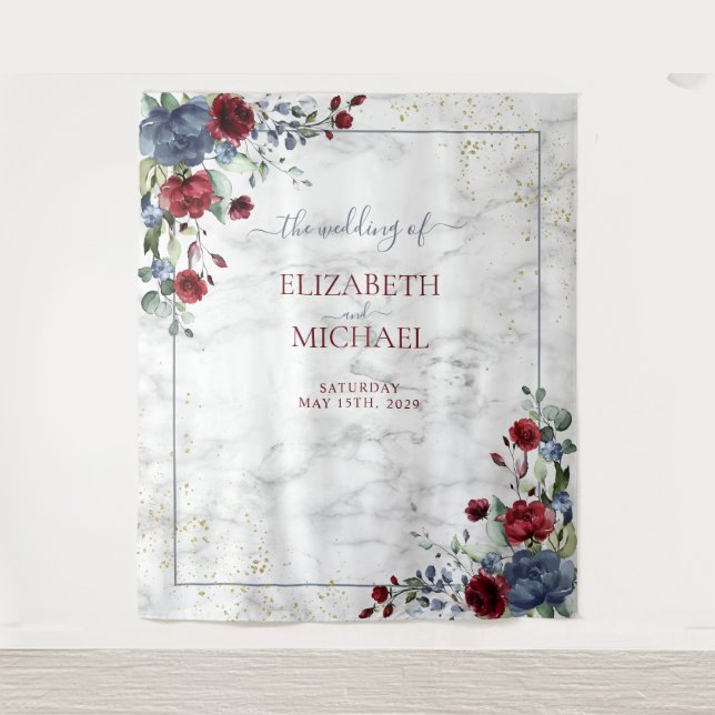 Tenture Bleu clair Bourgogne Floral Mariage or (Devant)