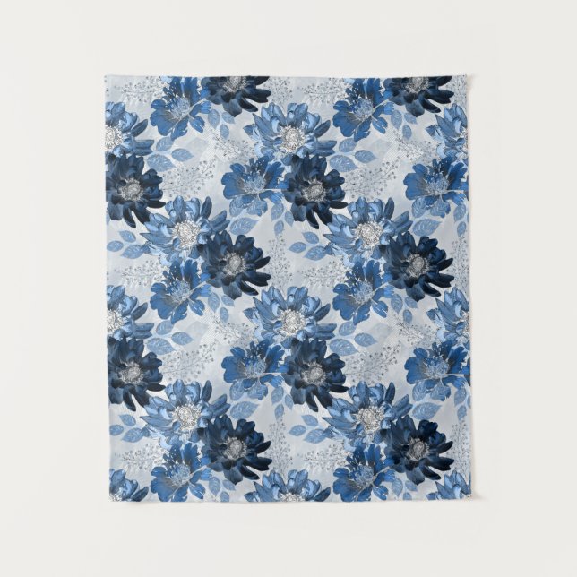 Tenture Bleu clair, fleurs bleu foncé sur gris clair (Devant)