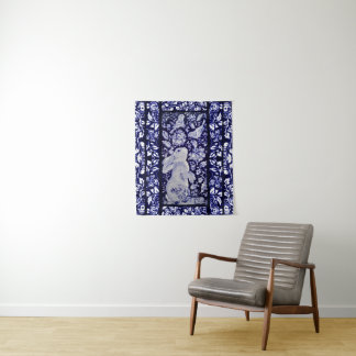 Tenture Bleu et blanc Lapin Oiseau Floral Bois Marine Art