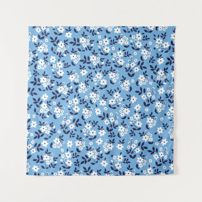 Tenture Bleu, Fleurs blanches : Vintage (Devant)