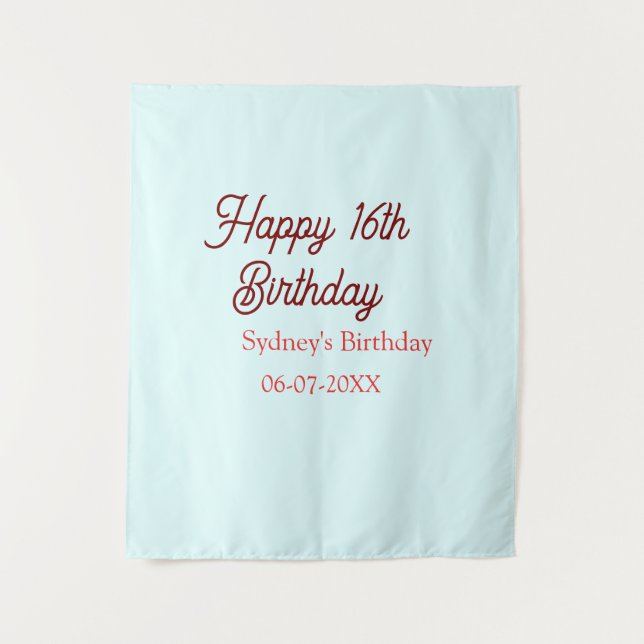Tenture Bleu pastel rouge joyeux 16e anniversaire nom date (Devant)
