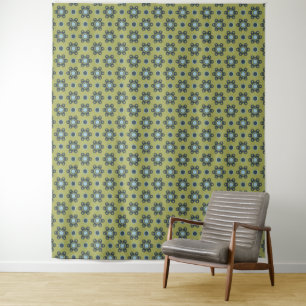 Tenture Bleu rétro et marguerites noires sur motif floral 