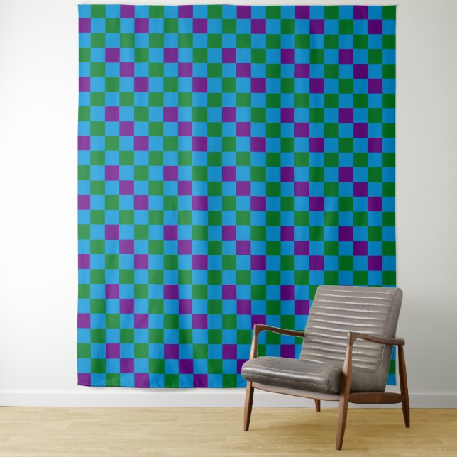 Tenture Bleu Vert Motif à Carreaux Design Violet  (En situation)