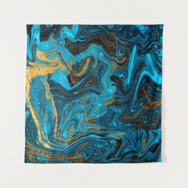 Tenture Blue and gold marbling pattern. Golden marble liqu (Devant)