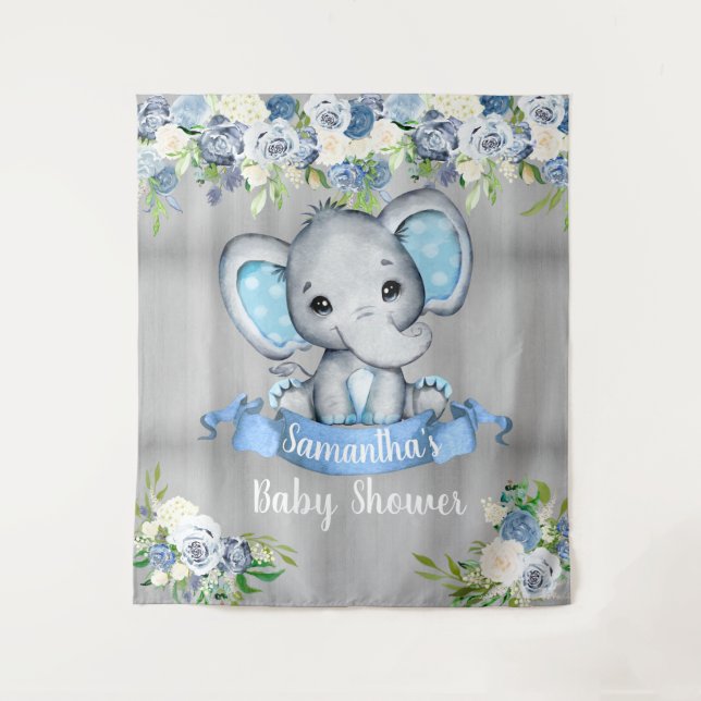 Tenture Blue Elephant Floral Baby shower de fond photo (Devant)