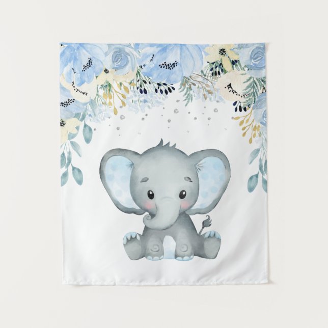 Tenture Blue floral Elephant Nursery Baby Boy Tapestry (Devant)