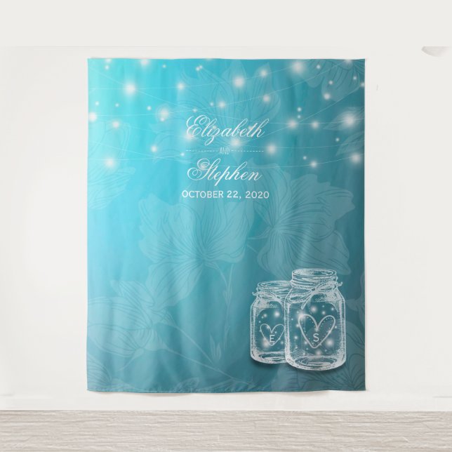 Tenture Blue Floral Mason Jar Mariage Photo Booth fond (Devant)