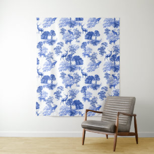 Tenture Blue French Toile Deer Fox Forest Motif