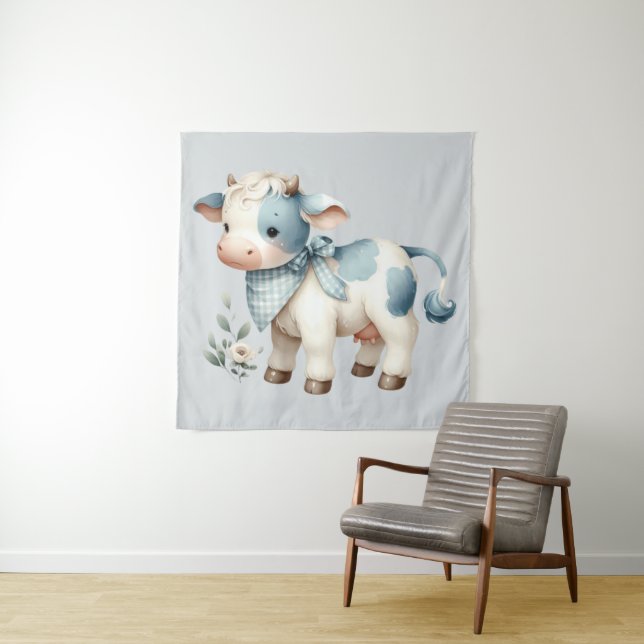 Tenture Blue Gingham Baby Cow Pastel Farm Aesthetic (En situation)