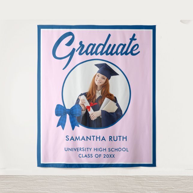Tenture Blue Gingham Bow Photo Graduation Backdrop (Devant)