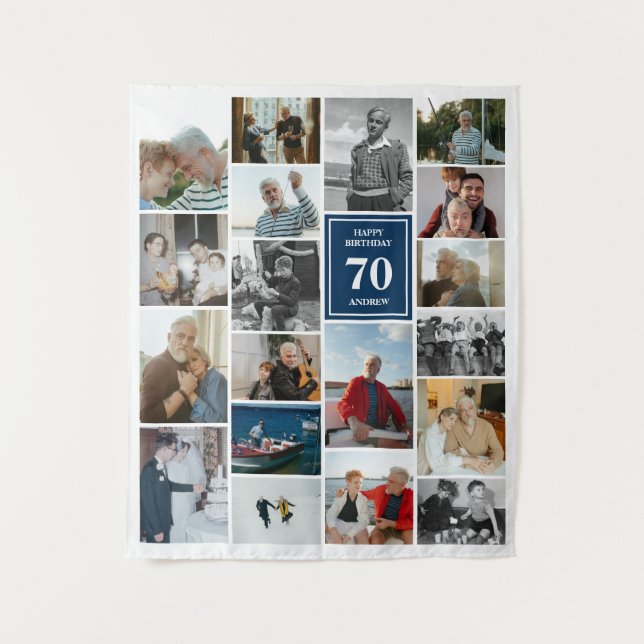 Tenture Blue Photo Collage Joyeux Anniversaire Nom et âge (Devant)