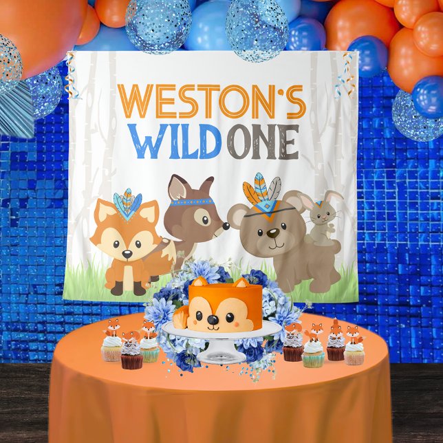 Tenture Blue Wild One Woodland Animaux Fête Contexte (Personalized Tribal Forest Animals Woodland Wild One 1st Birthday Backdrop. 4 Sizes Available)