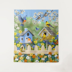 Tenture Bluebirds Goldfinches Birdhouses Jardin aux fleurs