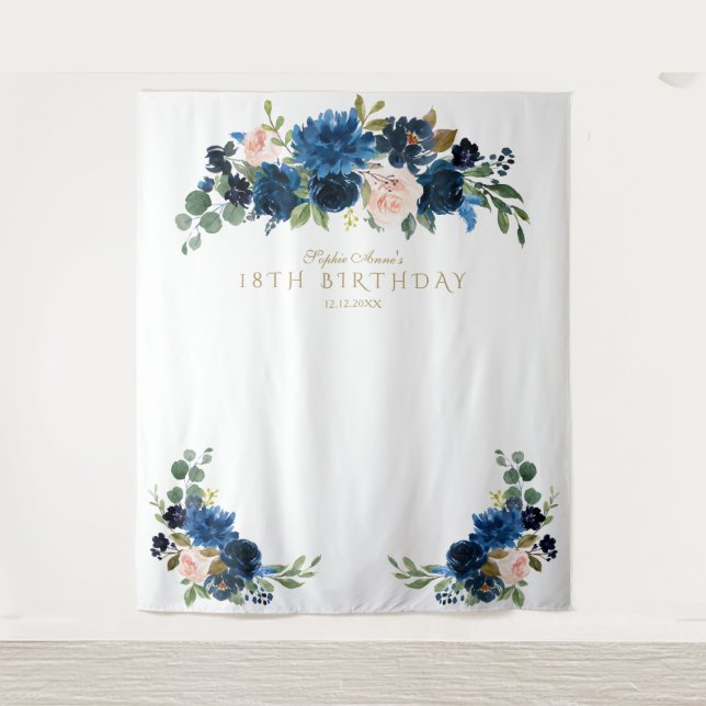 Tenture Blush Fleurs Bleues Accessoire de Photobooth pour  (Devant)