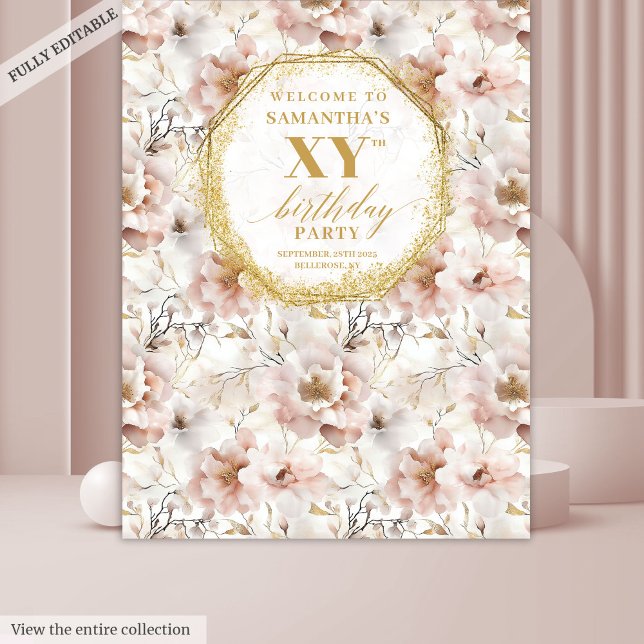 Tenture Blush Floral Élégant Photomaton d'Anniversaire (Sophisticated Blush Floral Birthday Photo Booth Tapestry)