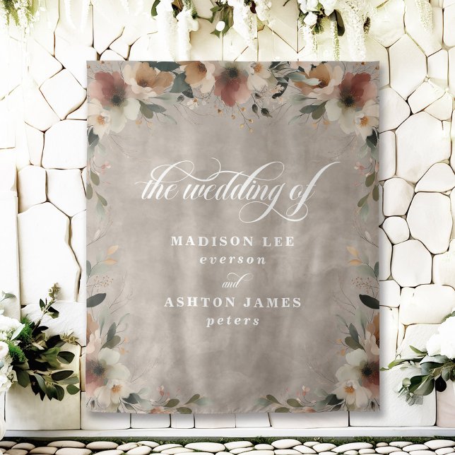 Tenture Boho Beige Floral Mariage Photo Booth fond (Step into a fairy tale with our beautiful wedding backdrops, perfect for capturing your love.)