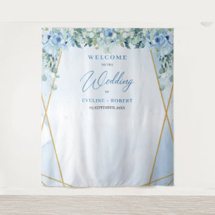Tenture Boho bleu fleuri eucalyptus et cadre or Mariage