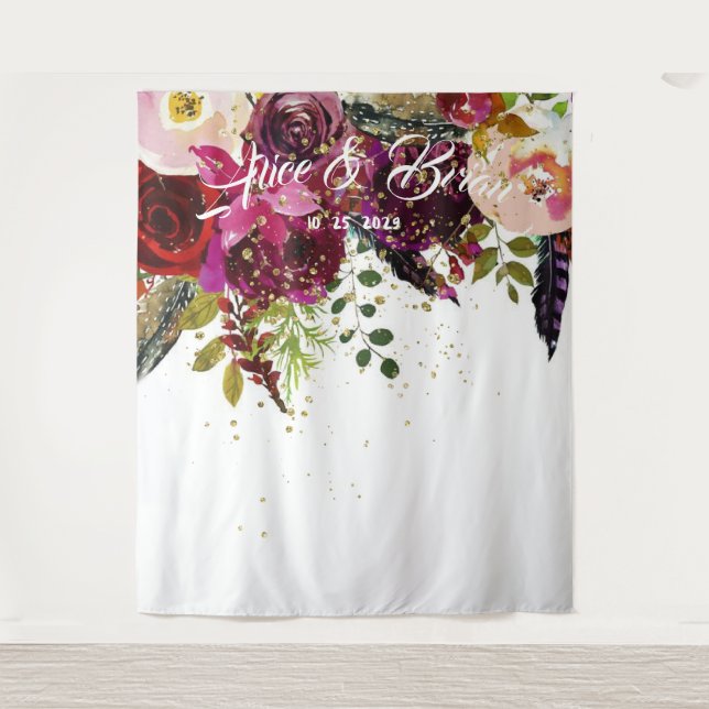 Tenture Boho Bold Bourgogne Floral Mariage fond (Devant)