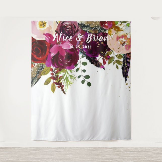 Tenture Boho Bold Bourgogne Floral Mariage fond (Devant)