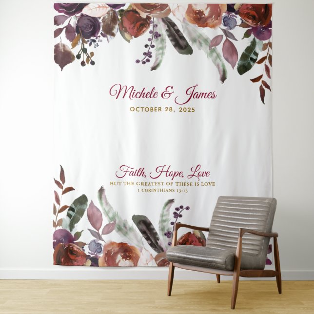 Tenture Boho Burgundy Gold Aquarelle Mariage Floral (En situation)