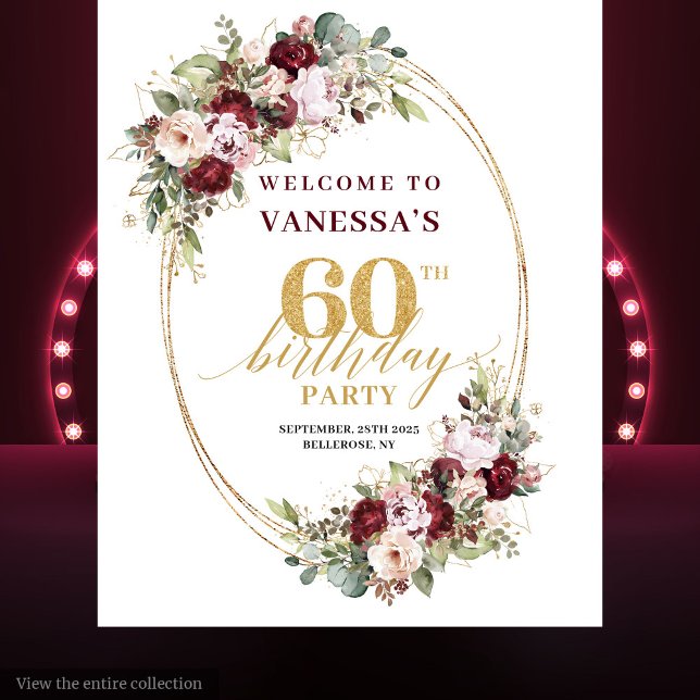 Tenture Boho Burgundy Or Élégant 60e Anniversaire   (Sophisticated Boho Burgundy Gold 60th Birthday Backdrop)