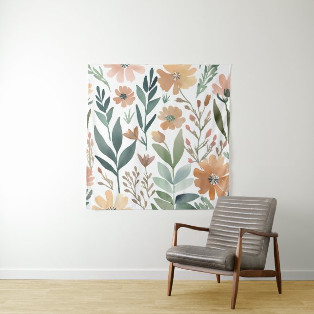 Tenture Boho Fleur sauvage Aquarelle Floral Pastel Wall (En situation)