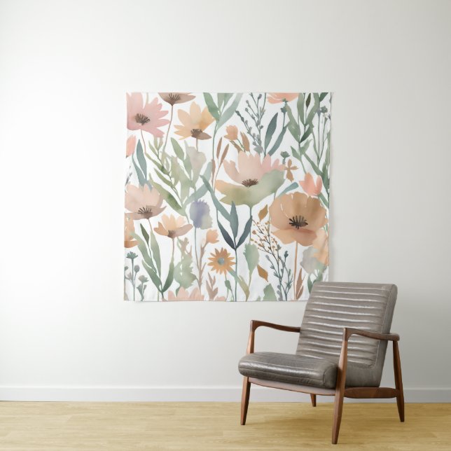 Tenture Boho Fleur sauvage Aquarelle Floral Pastel Wall (En situation)