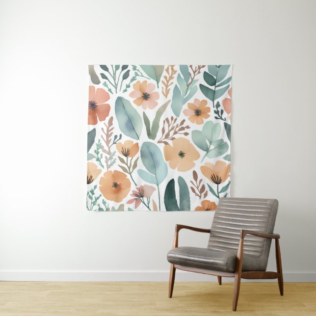 Tenture Boho Fleur sauvage Aquarelle Floral Pastel Wall (En situation)