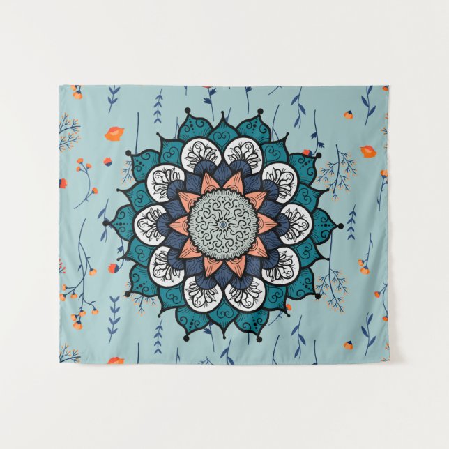 Tenture Boho Hippie Mandala avec fleurs orange (Devant (Horizontal))