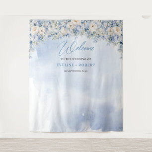 Tenture Boho hiver bleu ivoire fleuri eucalyptus Mariage