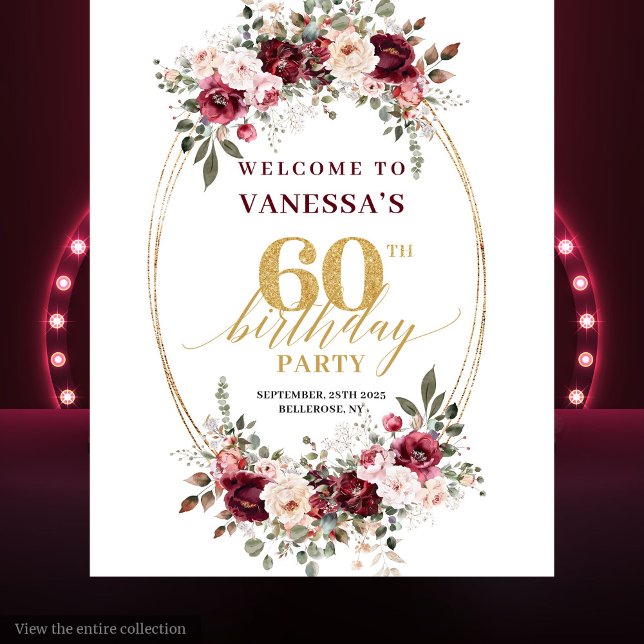 Tenture Boho Marsala Or Floral Bourgogne 60e Anniversaire  (Boho Marsala Gold Floral Burgundy 60th Birthday Banner)