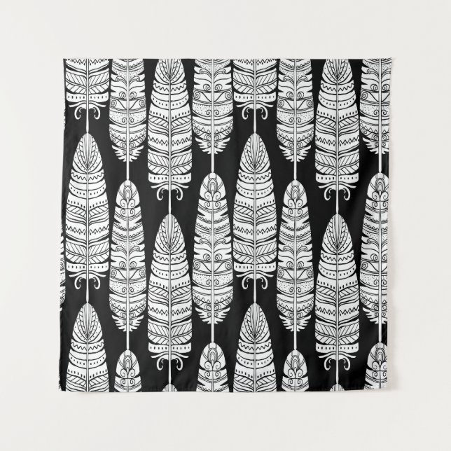Tenture Boho plumes : motif noir et blanc (Devant)