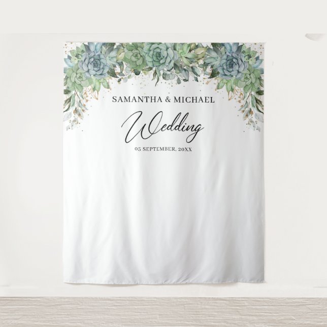 Tenture Boho succulents eucalyptus cadre doré mariage (Devant)