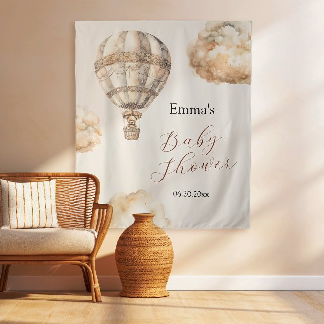 Tenture Boho Teddy Bear Air Baby shower de nuages de ballo (Boho Teddy Bear Air Balloon Clouds Baby Shower Tapestry)