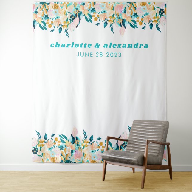 Tenture Boho Turquoise bleu et or aquarelle Mariage floral (En situation)